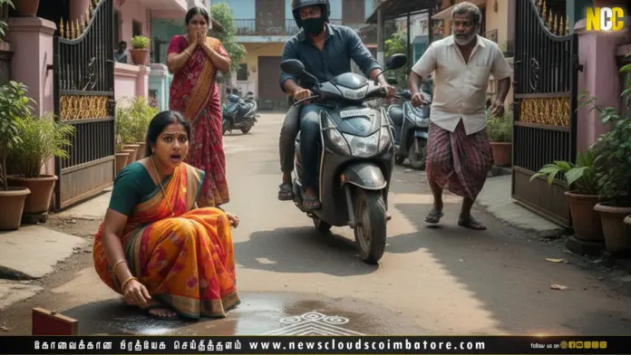 Woman drawing kolam outside home in Coimbatore attacked by bike thieves; crowd gathers as they flee.