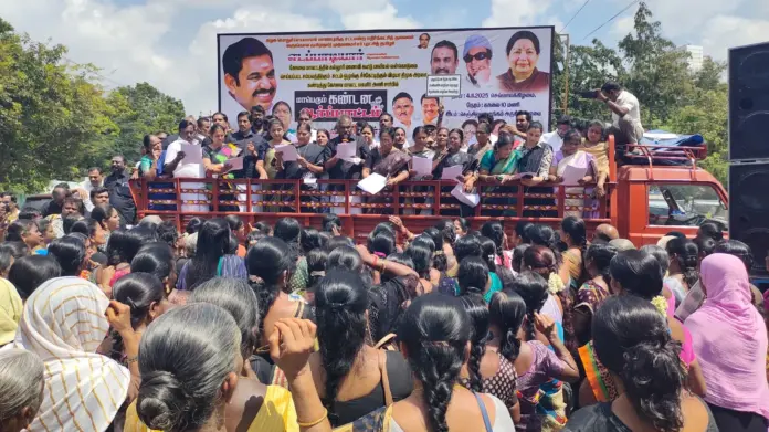 AIADMK women’s wing protest in Coimbatore led by Valarmathi demanding justice for the assaulted college girl