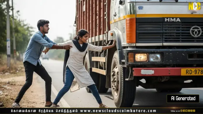 A lorry approaching as a woman suddenly steps forward on a road in Coimbatore.