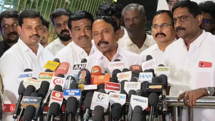 TVK leader Sengottaiyan addressing reporters at Coimbatore airport