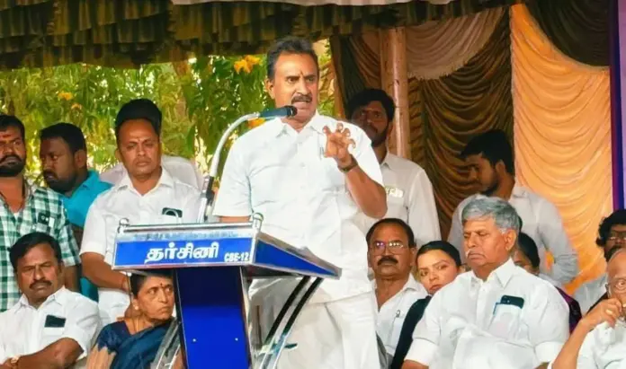 Former Minister SP Velumani addressing AIADMK party administrators meeting in Coimbatore district