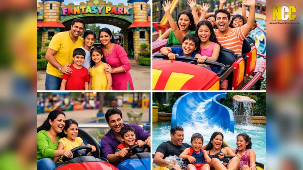 Families enjoying rides at amusement park fantasy park