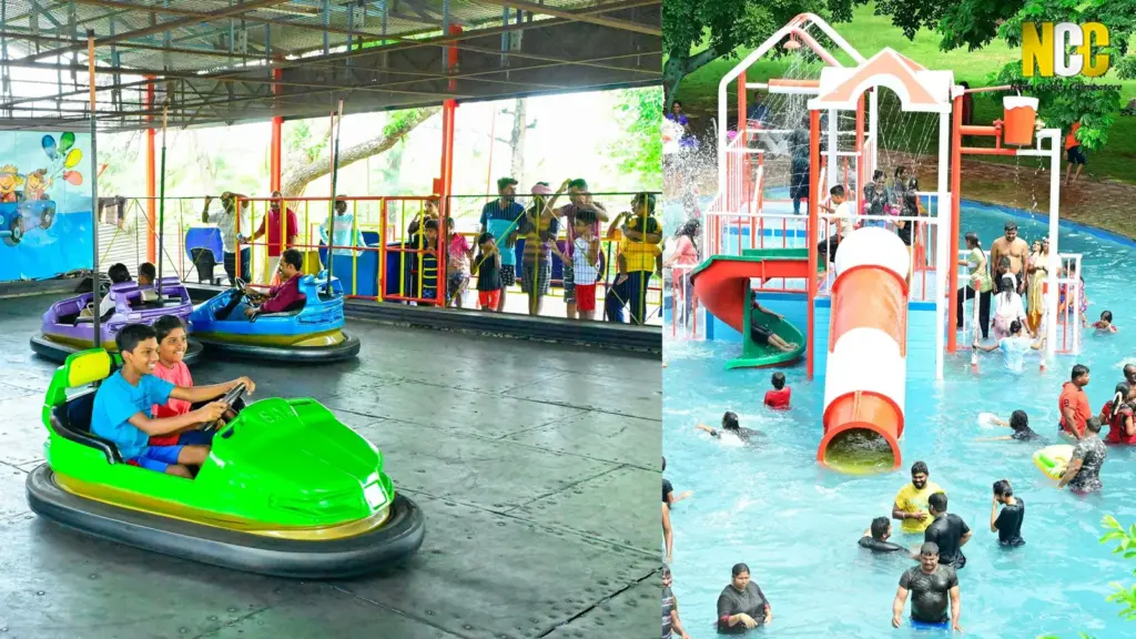 Kids enjoying bumper cars and water slide. kovai kondattam 