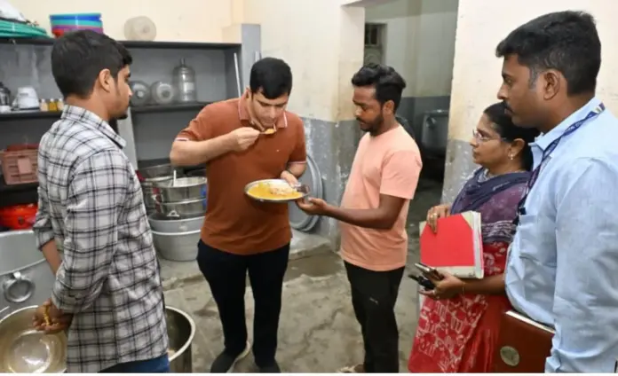 Coimbatore corporation commissioner inspecting school breakfast scheme kitchen quality check students meal review