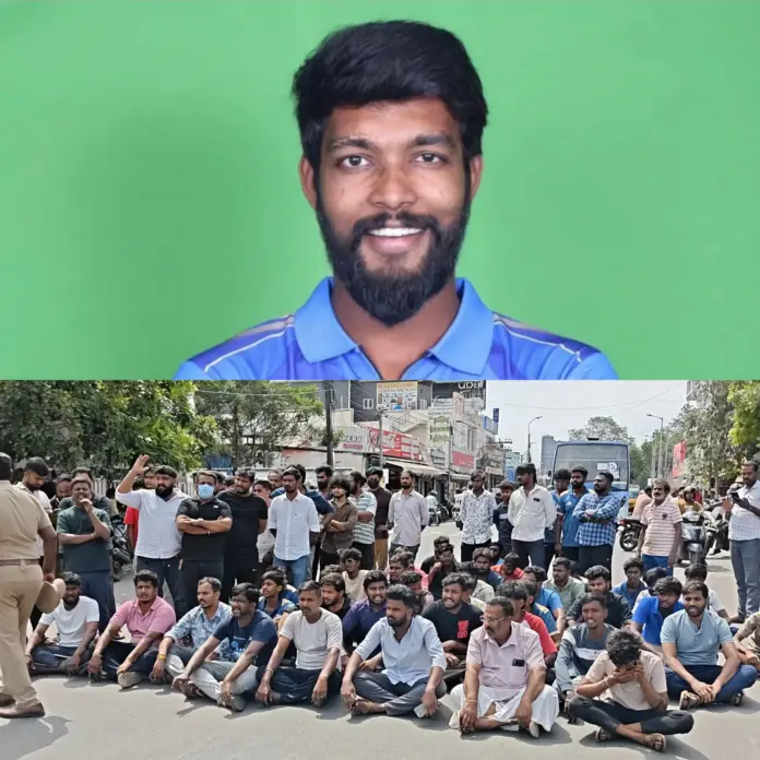 Family members protesting in the Praveen murder case outside Coimbatore ESI Hospital