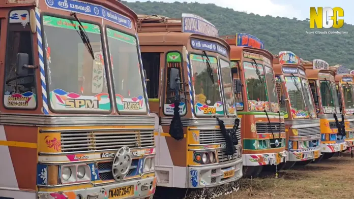 Brick lorry owners strike in Coimbatore.