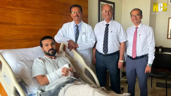 Ram Charan after wrist surgery at Ganga Hospital