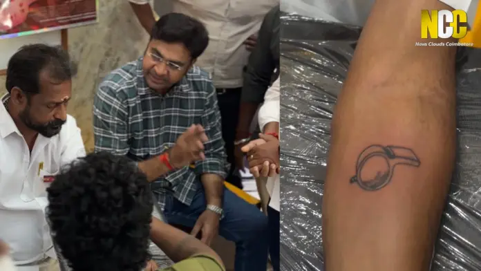 TVK leader tattoos whistle symbol