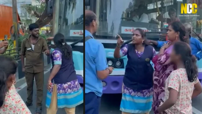 Woman blocks government bus and argues