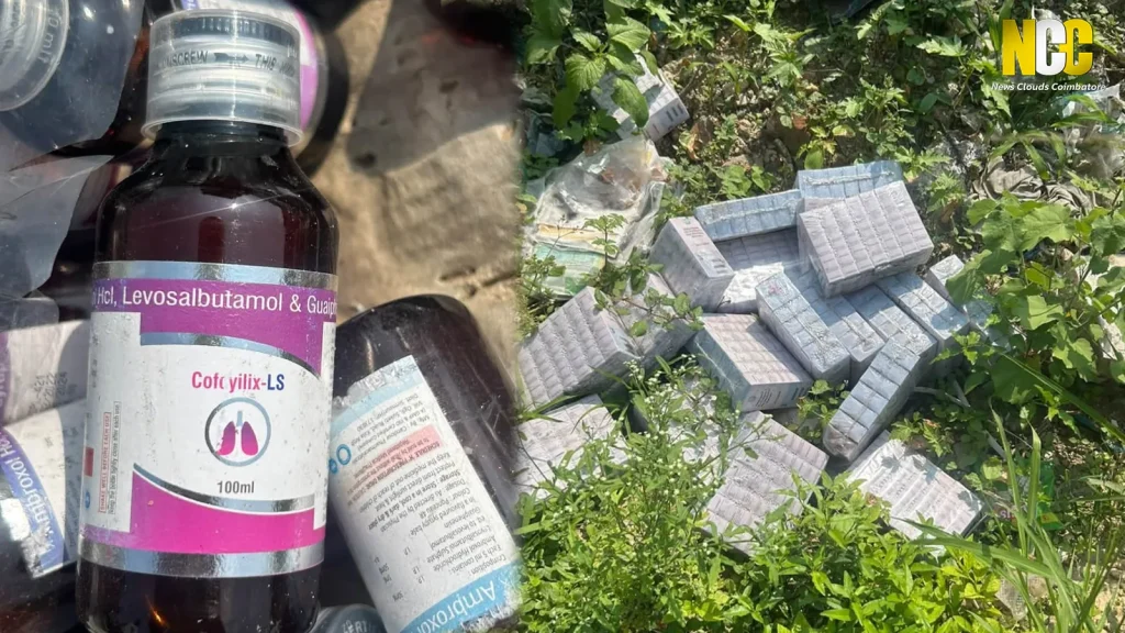 Discarded medicine bottles and suspected medical wast